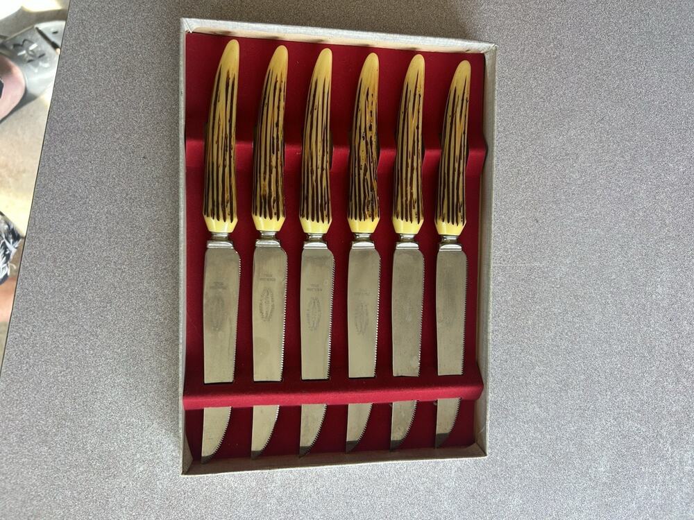 Vintage E. Parker & Sons Sheffield England Steak Knife Set 6 Pc 3709 Faux Bone
